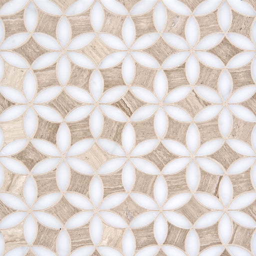Close-up of London Calling Flowers For Mum Cloudy Mist glass mosaic with white petal shapes and beige textured accents.
