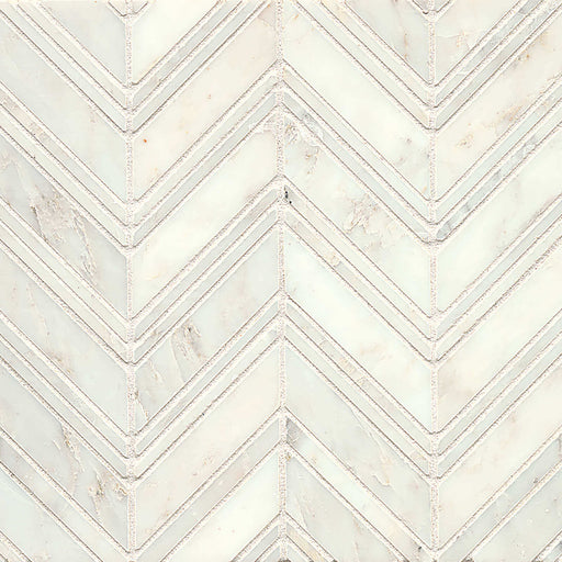 London Calling Lost The Plot Cloudy 11.75x11 glass mosaic featuring a creamy white chevron pattern with subtle gray and beige variations.