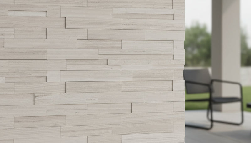 Close-up of Natural Stone Haisa 3D Honed 6 x 24 Flat Panel Stone Veneer, in Natural tones.