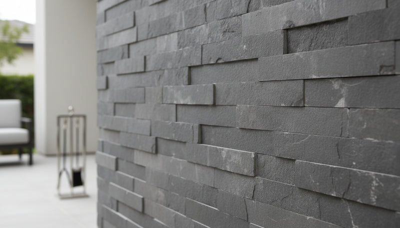 Close-up of Natural Stone River Split Face 6 x 24 Flat Panel Stone Veneer, in Natural tones.