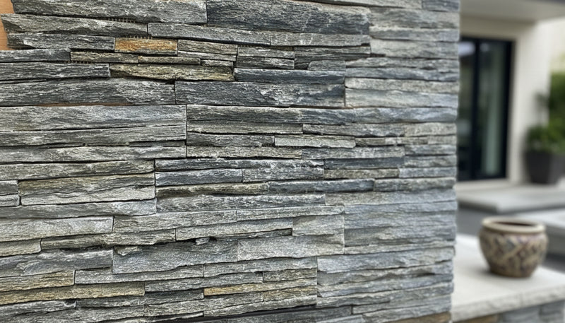 Close-up of Niagara Rock Rock Face 6 x 24 Mesh Back Ledger Panel, in Niagara tones.