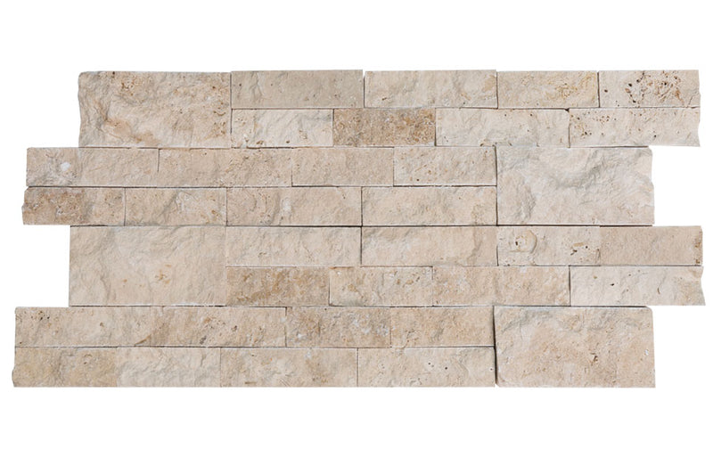 Close-up of Natural Cordoba Cream - Light Travertine Split Face 6 x 24 Flat Panel Stone Veneer, in Natural tones.