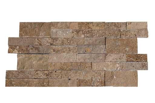 Close-up of Natural Noce Travertine Split Face 6 x 24 Flat Panel Stone Veneer, in Natural tones.