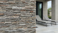 Close-up of Natural Stone Desert Sand Split Face 6 x 24 Flat Panel Stone Veneer, in Natural tones.