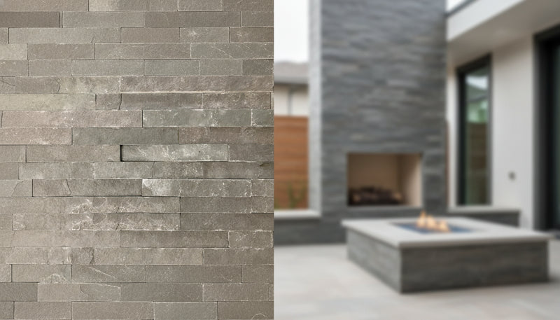 Close-up of Natural Indian Bluestone Split Face 6 x 24 Flat Panel Stone Veneer, in Natural tones.