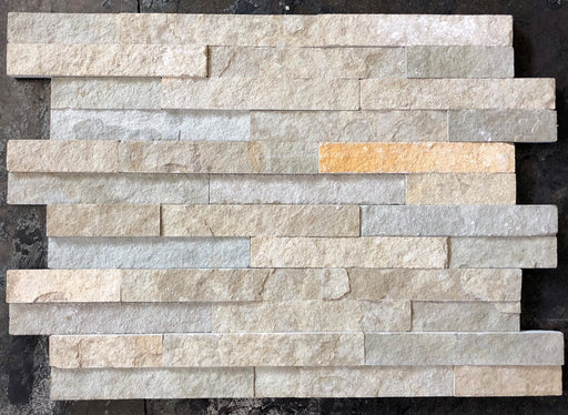 Close-up of Natural Stone French Vanilla Split Face 6 x 24 Flat Panel Stone Veneer, in Natural tones.