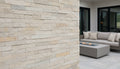 Close-up of Natural Stone French Vanilla Split Face 6 x 24 Flat Panel Stone Veneer, in Natural tones.