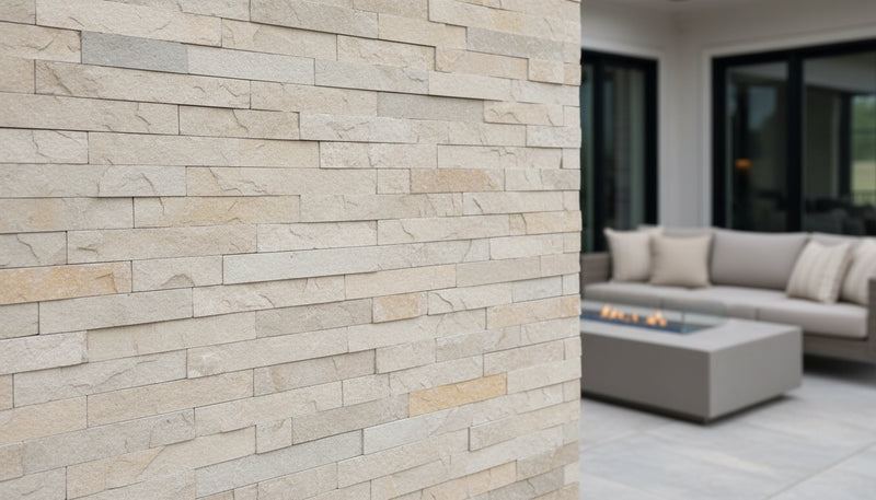 Close-up of Natural Stone French Vanilla Split Face 6 x 24 Flat Panel Stone Veneer, in Natural tones.