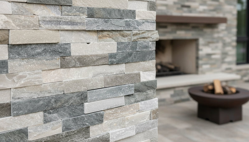Close-up of Natural Stone Royal Blue Split Face 6 x 24 Flat Panel Stone Veneer, in Natural tones.