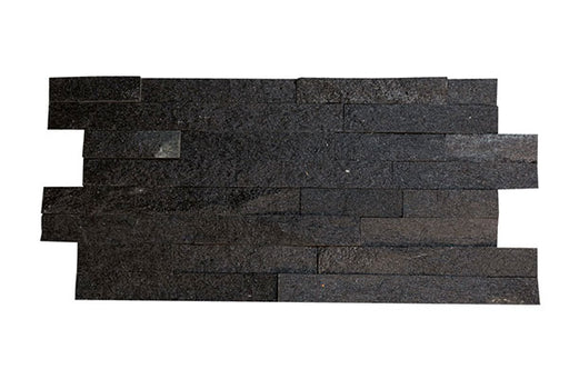 Close-up of Natural Stone Kings Black Split Face 6 x 24 Flat Panel Stone Veneer, in Natural tones.