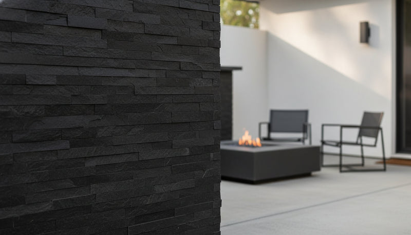 Close-up of Natural Stone Kings Black Split Face 6 x 24 Flat Panel Stone Veneer, in Natural tones.
