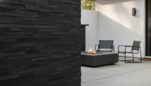 Close-up of Natural Stone Kings Black Split Face 6 x 24 Flat Panel Stone Veneer, in Natural tones.