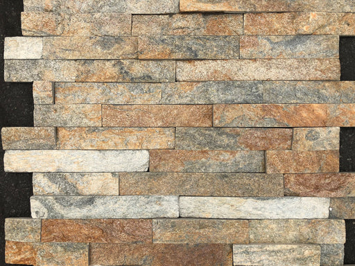 Close-up of Natural Stone Antique Cinnamon Split Face 6 x 24 Flat Panel Stone Veneer, in Natural tones.