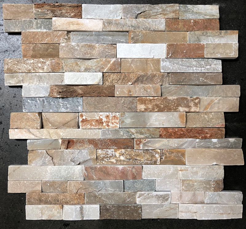 Close-up of Natural Beige Quartz Split Face 6 x 24 Flat Panel Stone Veneer, in Natural tones.