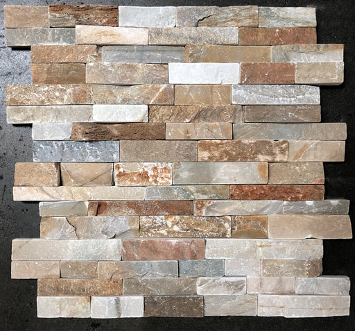 Close-up of Natural Beige Quartz Split Face 6 x 24 Flat Panel Stone Veneer, in Natural tones.