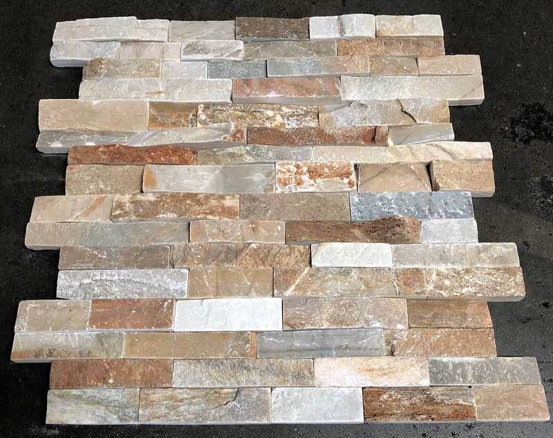 Close-up of Natural Beige Quartz Split Face 6 x 24 Flat Panel Stone Veneer, in Natural tones.