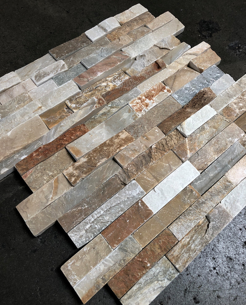 Close-up of Natural Beige Quartz Split Face 6 x 24 Flat Panel Stone Veneer, in Natural tones.