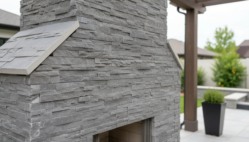 Close-up of Natural Stone Cloudy Grey Split Face 6 x 24 Flat Panel Stone Veneer, in Natural tones.