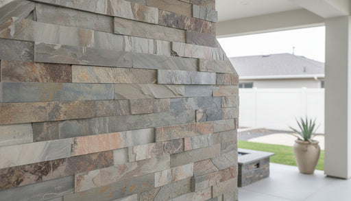 Close-up of Stone Natural Gold Split Face 6 x 24 Flat Panel Stone Veneer, in Natural tones.