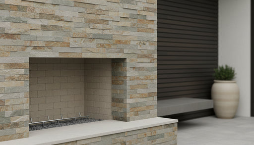 Close-up of Natural Stone Nepal Golden Sand - 6 Lines Standard Split Face 6 x 24 Flat Panel Stone Veneer, in Natural tones.