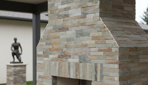Close-up of Natural Stone Nepal Golden Sand - 4 Lines Split Face 6 x 24 Flat Panel Stone Veneer, in Natural tones.