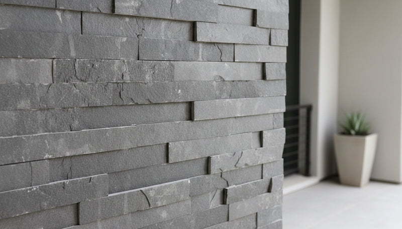 Close-up of Natural Stone Sea Grass Split Face 6 x 24 Flat Panel Stone Veneer, in Natural tones.