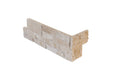 Close-up of Cordoba Cream - Light Travertine Travertine Split Face 6 x 18 x 6 L Shape Glued Corner Stone Veneer, in Cordoba Cream - Light Travertine tones.