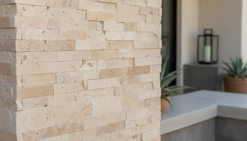 Close-up of Cordoba Cream - Light Travertine Travertine Split Face 6 x 18 x 6 L Shape Glued Corner Stone Veneer, in Cordoba Cream - Light Travertine tones.