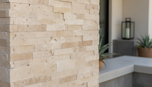 Close-up of Cordoba Cream - Light Travertine Travertine Split Face 6 x 18 x 6 L Shape Glued Corner Stone Veneer, in Cordoba Cream - Light Travertine tones.