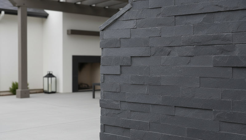 Close-up of Indian Bluestone Bluestone Split Face 6 x 18 x 6 (2 Pc) Dog Ear Corner Stone Veneer, in Indian Bluestone tones.