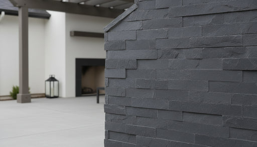 Close-up of Indian Bluestone Bluestone Split Face 6 x 18 x 6 (2 Pc) Dog Ear Corner Stone Veneer, in Indian Bluestone tones.