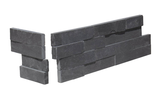 Close-up of INDIAN(LIME) Black Stone Split Face 6 x 18 x 6 (2 Pc) Dog Ear Corner Stone Veneer, in INDIAN(LIME) Black tones.