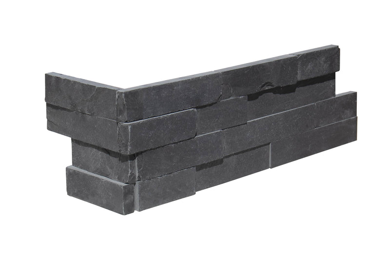 Close-up of INDIAN(LIME) Black Stone Split Face 6 x 18 x 6 (2 Pc) Dog Ear Corner Stone Veneer, in INDIAN(LIME) Black tones.