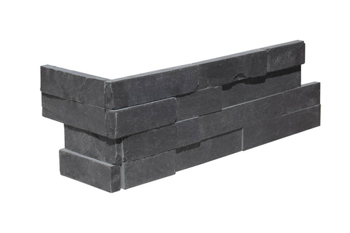 Close-up of INDIAN(LIME) Black Stone Split Face 6 x 18 x 6 (2 Pc) Dog Ear Corner Stone Veneer, in INDIAN(LIME) Black tones.