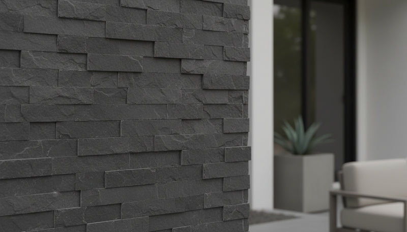 Close-up of Cloudy Grey Stone Split Face 6 x 18 x 6 (2 Pc) Dog Ear Corner Stone Veneer, in Cloudy Grey tones.