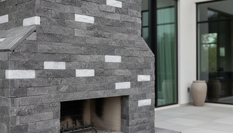 Close-up of Crystal Silver White Stone Split Face 6 x 18 x 6 L Shape Glued Corner Stone Veneer, in Crystal Silver White tones.