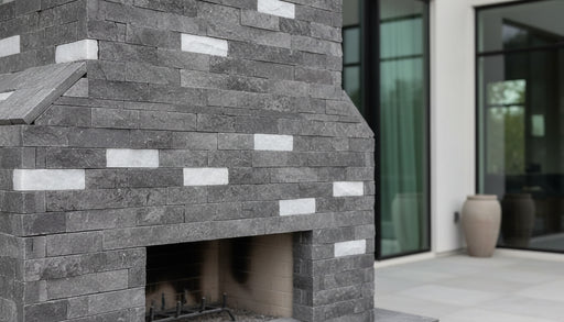 Close-up of Crystal Silver White Stone Split Face 6 x 18 x 6 L Shape Glued Corner Stone Veneer, in Crystal Silver White tones.