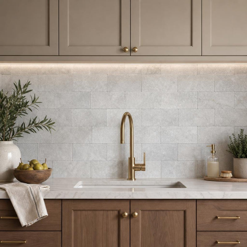 Lusso Carrara 10x5.75x06 Split-Face Marble Corner 6x12 tile — Kitchen backsplash