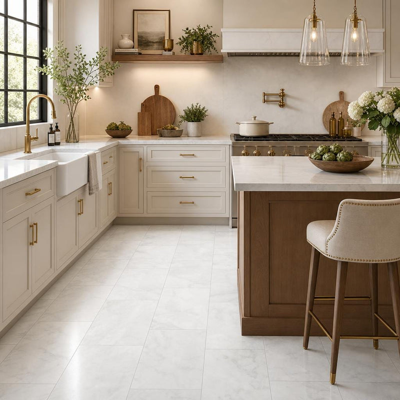 Lusso Carrara 12x24 Polished Marble Tile — Kitchen floor