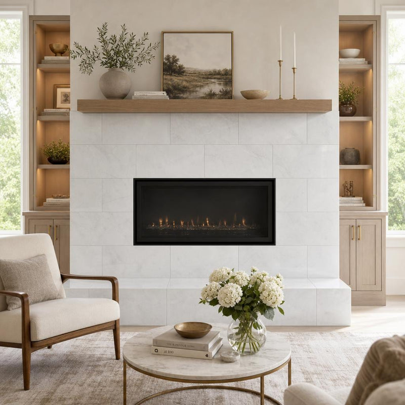 Lusso Carrara 12x24 Polished Marble Tile — Living Room fireplace surround