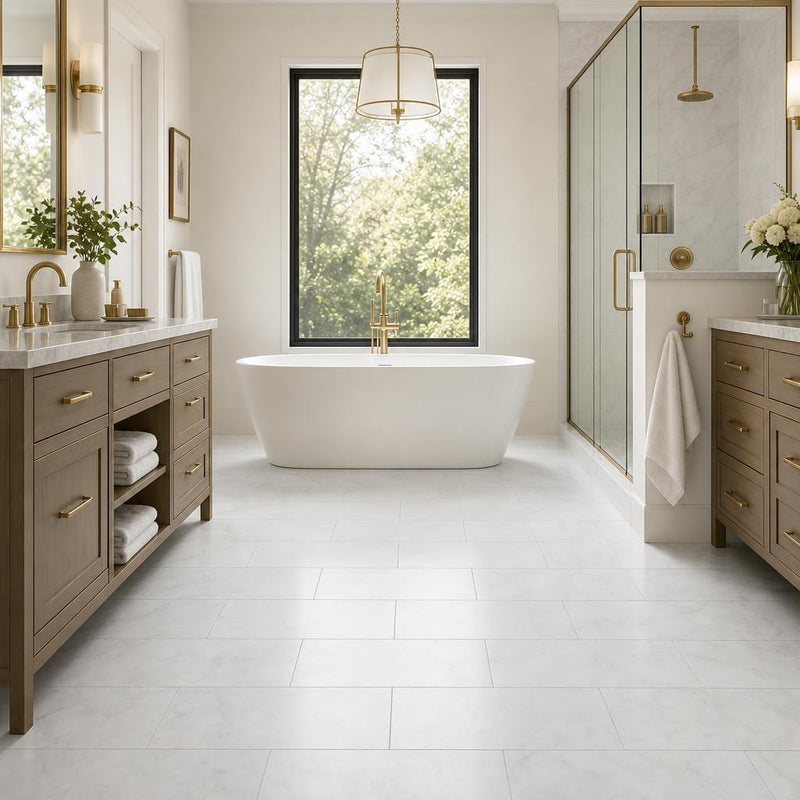 Lusso Carrara 12x24 Polished Marble Tile — Primary Bath floor