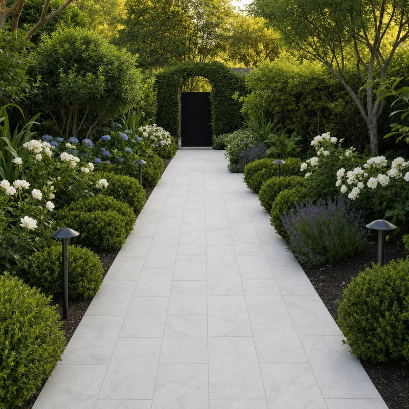 Lusso Carrara 12x24 Sandblasted Marble Paver — Garden path