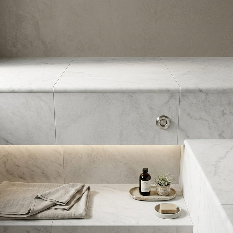 Lusso Carrara 12x24 Sandblasted Marble Single Bullnose Pool Coping — Spa spa overhang edge