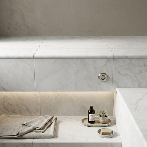 Lusso Carrara 12x24 Sandblasted Marble Single Bullnose Pool Coping — Spa spa overhang edge