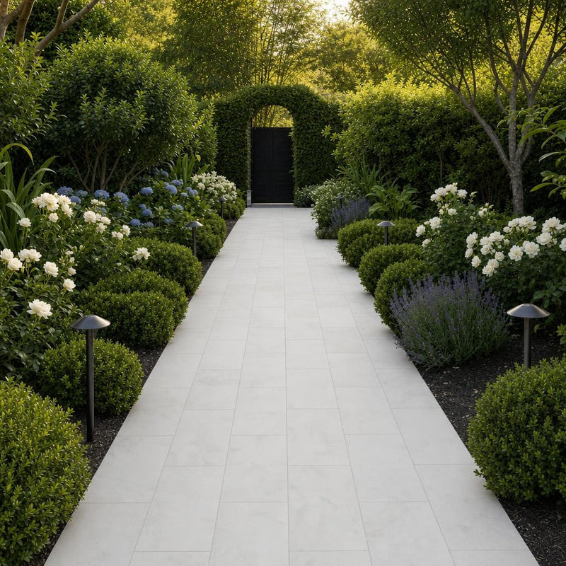 Lusso Carrara 12x24x2 Sandblasted Marble Paver — Garden path