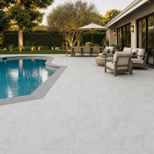 Lusso Carrara 16x24 Sandblasted Marble Paver — Backyard pool deck