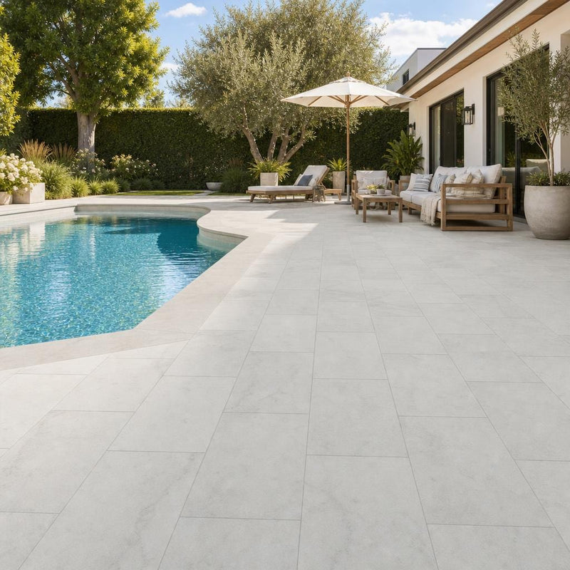 Lusso Carrara 16x24x2 Sandblasted Marble Paver — Backyard pool deck