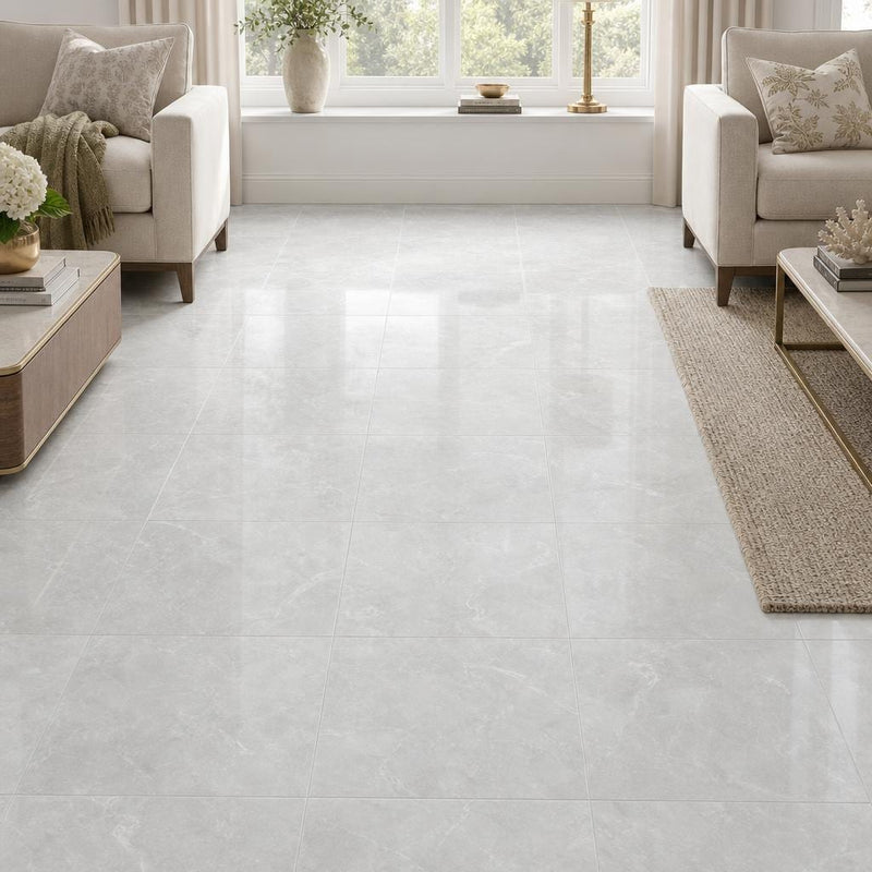 Lusso Carrara 18x18 Polished Marble Tile — Family Room floor