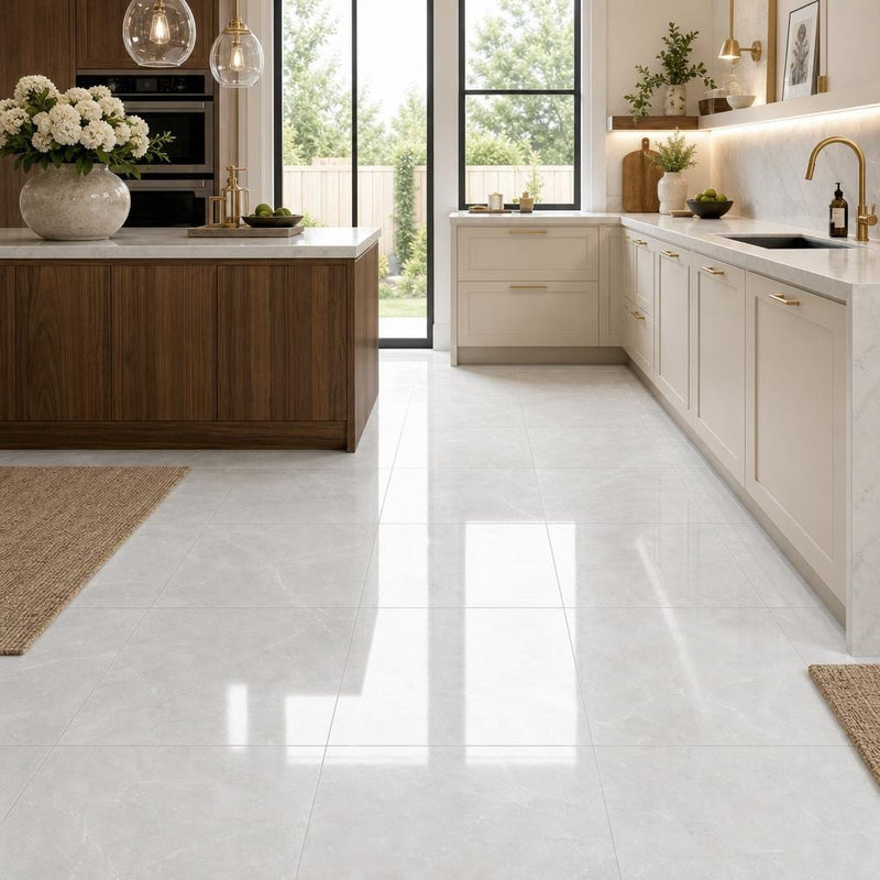 Lusso Carrara 18x18 Polished Marble Tile — Kitchen floor