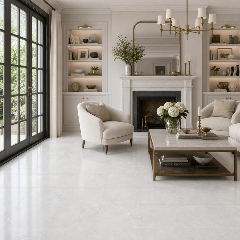 Lusso Carrara 18x18 Polished Marble Tile — Living Room floor